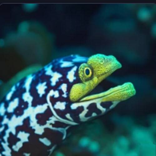 Image of a Snowflake Moray Eel, resembling a majestic dragon of the ocean depths, with its intricate white and black patterned skin and sinuous body