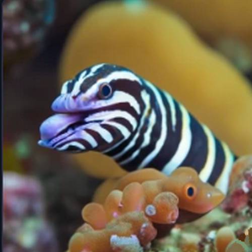 Zebra Moray Eel swimming gracefully in the ocean depths, displaying its distinctive black and white striped pattern.