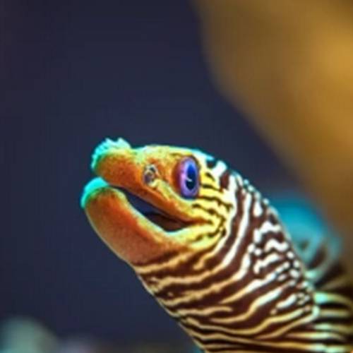 A fierce-looking dragon moray eel gliding through the underwater realm, its vibrant patterned scales and sinuous body giving it an otherworldly appearance.