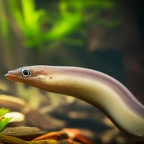 European Eel - A serpent-like fish with a slender body, prominent jaws, and distinct silver coloration. Known for its migratory behavior and importance in aquatic ecosystems.