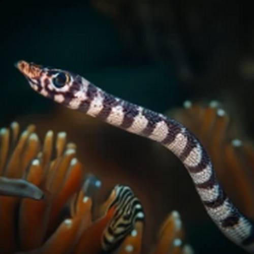 A sleek, elongated snake eel gracefully gliding through the underwater realm. Its sinuous body is adorned with a mesmerizing pattern of iridescent scales, shimmering like a hidden gem beneath the ocean's surface. The eel's beady eyes reflect curiosity as it investigates the colorful coral formations, searching for its next hidden snack.