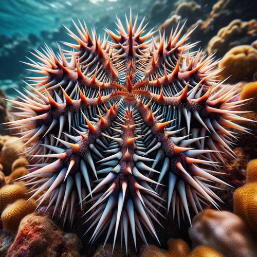A Crown-of-Thorns Starfish consuming a coral colony.