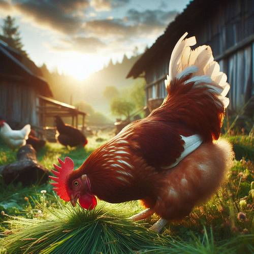 a chicken eating grass