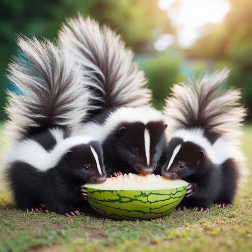 three skunks eating a watermelon