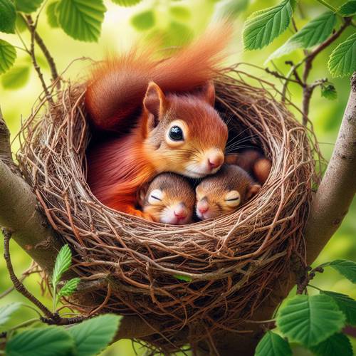 mother squirrel with two babies